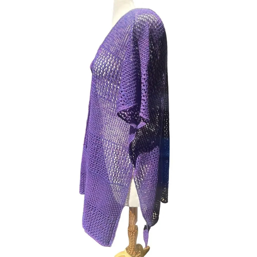 Venus Open Crochet Knit Purple S/M Swim Cover Up Tie Neck Open Sides Beachy Pool